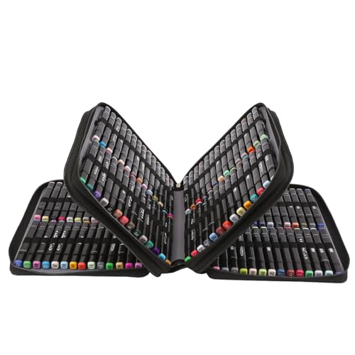 Image of Marker Pen Organizer Case 168 Slots w /Handle & Shoulder Strap | 3-Layer Zipped Pencil Pouch PU Leather w /Open Front pocket for Gel Pen Markers to Artists, Painters