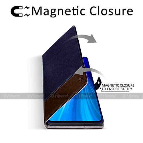Image of FLIPPED Vegan Leather Flip Case Back Cover for iQOO 9 SE 5G (Flexible, Shock Proof | Hand Stitched Leather Finish | Card Pockets Wallet & Stand | Blue with Brown)