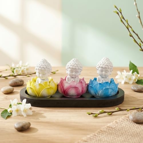Image of eCraftIndia Set of 3 White Lord Buddha Idols in Lotus Base | Buddha Statues for Car Dashboard Office Home Decor | Gift for Diwali Housewarming Birthday