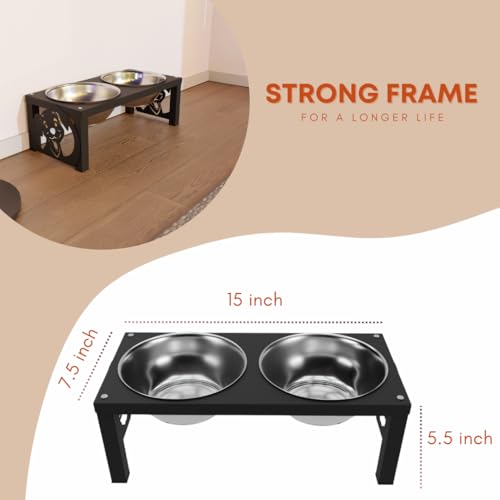 Image of COGO Frosty Pet Feeder| 2 Stainless Steel Bowls (800 ml Each) | Elevated Feeding Bowls for Medium & Large Dogs & Cats | 5.5 x 7.5 x 15 inch | Strong & Stable Metal Frame | Colour: Matt Black