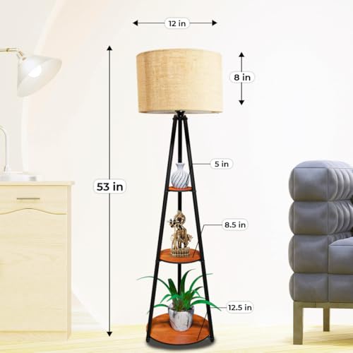 Image of Rellon Floor Lamp with 3 Storage Shelves, Metal FloorLamp for Living Room Standing Home Decoration FloorLamp Shade Reading for,Office,Kitchen,Bedroom (A2)