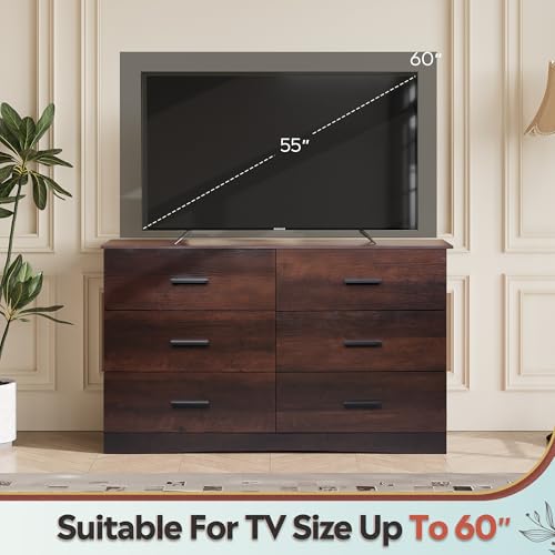 WLIVE Wood Dresser for Bedroom, Wide Chest of Drawers with 6 Drawers, Large Brown Storage Tower Unit, Modern Minimalist Closet Store Organizer for Living Room, Hallway