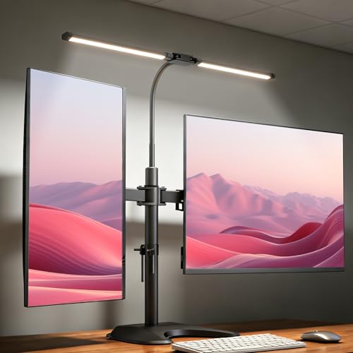 Eyteenokk 13–32″ Dual Monitor Stand for Desk with Adjustable LED Desk Lamp, Monitor Stand with Led Lights Freestanding Dual Monitor Mount (22 lbs/Arm) – Two-Screen Ergonomic Mount with Reading Lamp