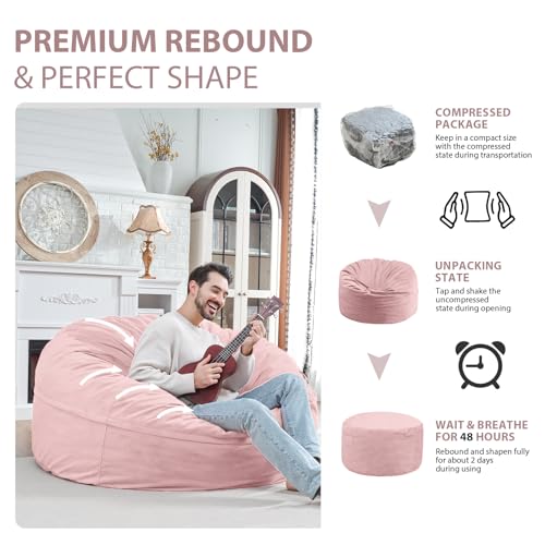 5FT Bean Bag Chair, Large Bean Bag Chairs with Memory Foam Filled, Fluffy Beanbag Sofa with Dutch Velvet Cover, Round BeanBag Chairs for Living Room, Playroom - Light Pink