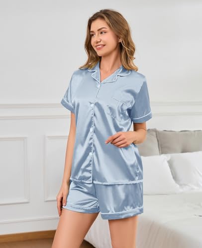 Image of Brezzistaxs Satin Pajamas Set For Women, Classic Fit Soft | Silky Pjs For Women, Ultra Soft Feel, Relaxed Fit, Well-Loved Classic