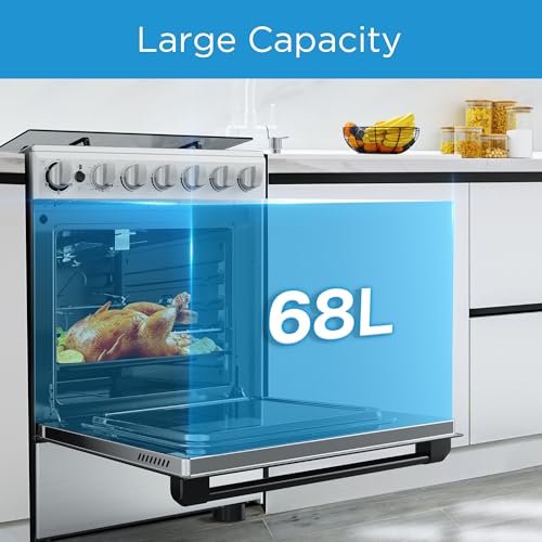 Midea 60x60cm Freestanding Cooker, Full Gas Cooking Range with 4 Burners, Automatic Ignition & Safety, Cast Iron Pan Support, Stainless Steel Finish, Separate Knob for Oven Grill, BME62058FFD-D