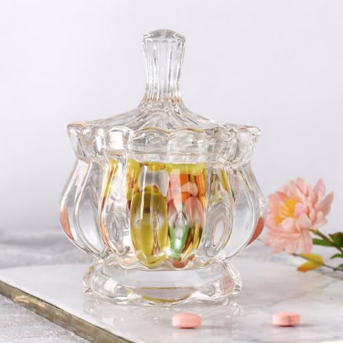 Image of Dimitra Transparent premium Glass Candy Dish with Lid, Crystal Candy Jar, Cookie Jar, Flower Decorative Candy Bowl, Jewelry Dish, Covered Candy Jars for Buffet, Kitchen, Home, Office Desk