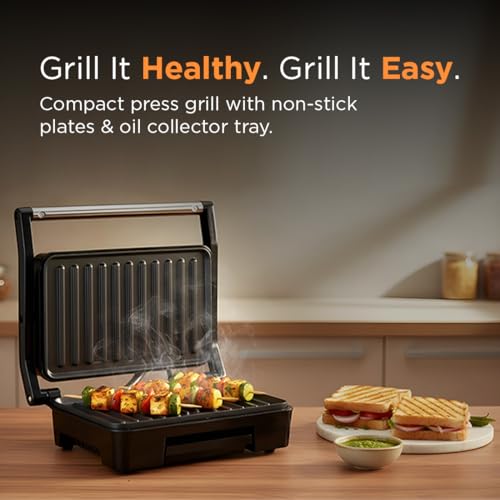 Image of Glen Electric Grill Sandwich Maker, 850W, Panini Press with Heavy Duty Non Stick Plates, Oil Collector Tray, Strong Steel Handle, Toaster Griller for 2 Bread Slices, 2-Year Warranty - 3029GRILL
