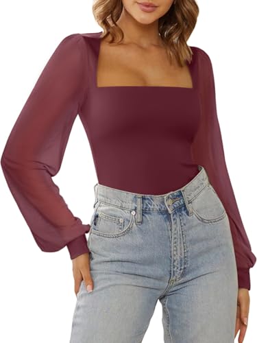 Image of PINKMSTYLE Women's Square Neck Double Lined Mesh Long Sleeve Bodysuits | Sheer Puff Sleeve Body Suit,Slim fit Trendy Going Out Tops,Concert Outfit