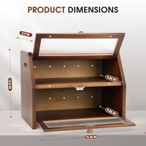 Large Bread Box for Kitchen Countertop, Wooden Bread Bin with Double Layer Storage and 0.6-inch Thick Natural Wood Panels, Rustic Bread Box Organizer for Kitchen (Retro Brown)