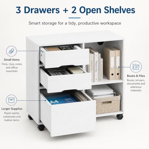 Image of Simple Deluxe 3 Drawer Rolling File Cabinet, Wood Printer Stand with Adjustable Shelf for Home Office Study Organizatiom, White