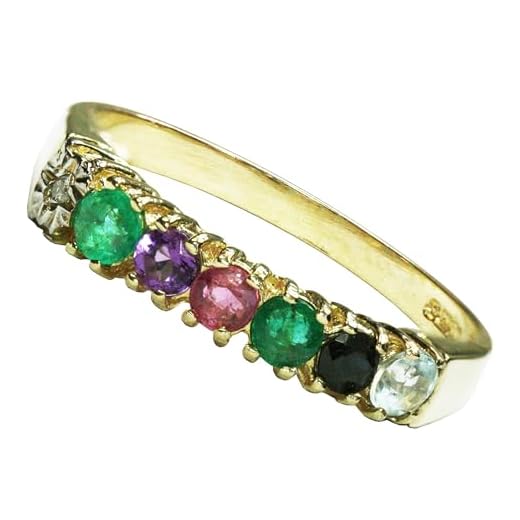 BJC® - Anillo de oro amarillo de 9 quilates con diamantes de esmeralda, amatista, rubí, esmeralda, zafiro, topacio, hermoso mensaje oculto, media eternidad, para mujer, Oro