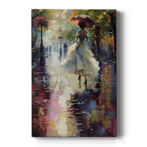 Renditions Gallery Wall Art For Home Decor Pastel Gorgeous Women Walking in Rainy Evening Canvas Decorations for Kitchen Bedroom Lounge - 32" X 48" LT567