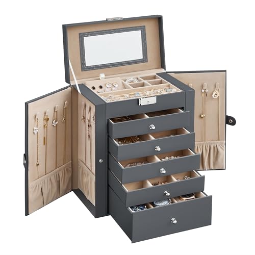 SONGMICS 6-Layer Jewelry Box Organizer with 5 Drawers, Jewelry Storage Case with Lock and Mirror, Large Storage Capacity, Gift for Loved Ones, for Necklaces, Watches, Gray UJBC152G01 6 Tier