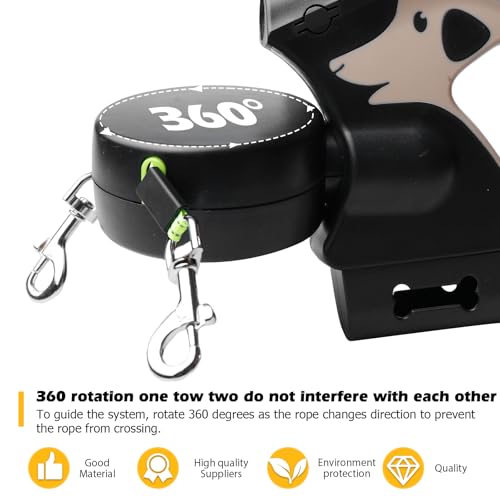 Doppelte Einziehbare Hundeleine, 3m Ausziehbare Doppel-Hundeleine mit LED Licht, Robuste Haustierleine, Double Dog Lead, 360-Grad-Drehgelenk, Rollleine für Hunde bis zu 30kg, Braun