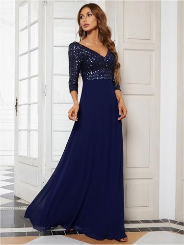 Ever-Pretty Women's Elegant Formal Dress V-Neck Long Sleeve Sequin Maxi Chiffon Evening Dresses 007513