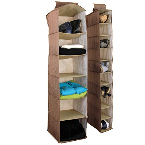 Set of 2 - Hanging Closet Organizer Shelves Shoes Sweaters Purses (Brown Linen)