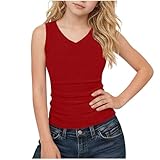 Zzalalana Girls Ribbed Knit Tank Tops V-Neck Sleeveless Compression Shirts Summer Slimming Undershirts for Kids 5-15 Years Red