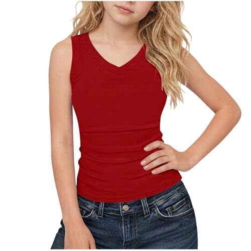 Zzalalana Girls Ribbed Knit Tank Tops V-Neck Sleeveless Compression Shirts Summer Slimming Undershirts for Kids 5-15 Years Red