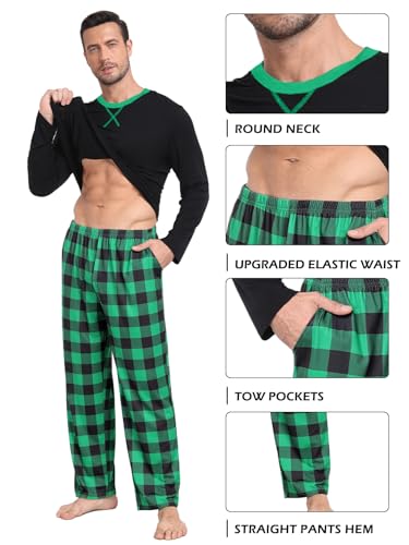 Men & Women Pajama Sets for Couples Long Sleeve Sleepwear Plaid Pants with Pockets Xmas Pjs Black&Green Plaid S4