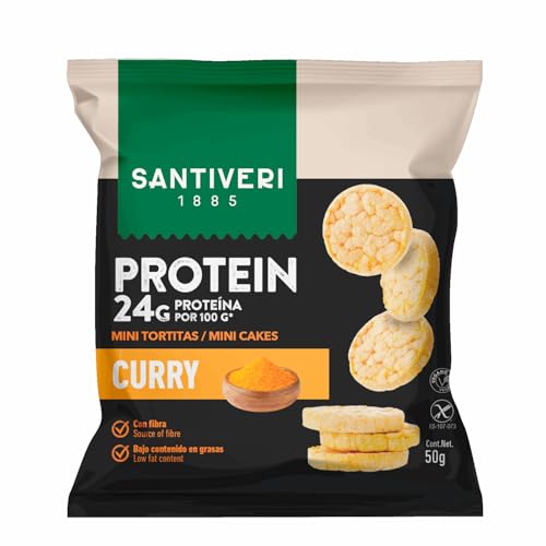 SANTIVERI - Mini Tortitas Protein Curry, Tortitas con 24 g de Proteína, Fibra y Aceite de Oliva, Ayuda a la Masa Muscular, Bajo Contenido en Grasas, Sin Gluten Ni Lactosa - 50 g