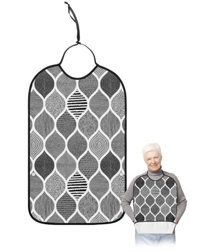 Jolunifun Black Bohemia Adult Bib for Adults Men, Women, Washable & Adjustable Terry Cloth Bib with Crumb Catcher Reusable Waterproof Clothing Clothes Protector Apron Modern Geometric Abstract Stripes