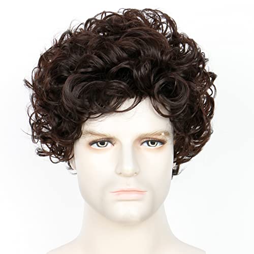QUEENTAS Mens Wig Curly Hair Wigs for Men Short Hair Brown Wigs for Men Medium Length Synthetic Hair 70s 80s Disco Fancy Dress for Daily Use Party Halloween(Dark Brown) - Image 2