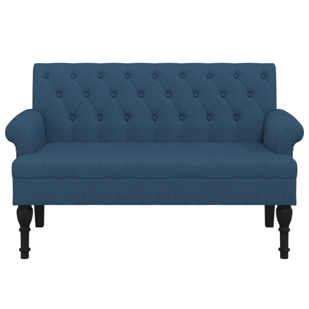 Ławka do siedzenia z oparciem, niebieska, materiał 120 x 62 x 75,5 cm, ławka tapicerowana do salonu, sypialni, jadalni, stabilne drewniane nogi, komfortowa tapicerka piankowa