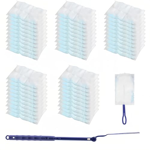 KLEHOPE 50 Stück Staubmagnet Nachfüllpack, Faser Staubfänger, Hellblau Staubmagnet-Staubwedel, mit Ausziehbarem Verlängerungs und Klappbarem Griff