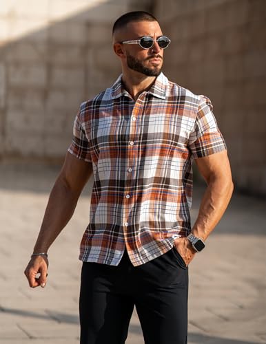 COOFANDY Mens Short Sleeve Button Down Shirt Plaid Button Up Shirts Casual 75% Cotton Work Shirts2