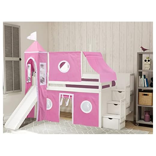 JACKPOT! Princess Low Loft Stairway Bed with Slide Pink & White Tent and Tower, Loft Bed, Twin, White