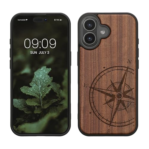kwmobile Custodia Compatibile con Apple iPhone 17 Cover - Back Case in Legno con Bumper in Silicone TPU - Bussola Vintage Marrone Scuro
