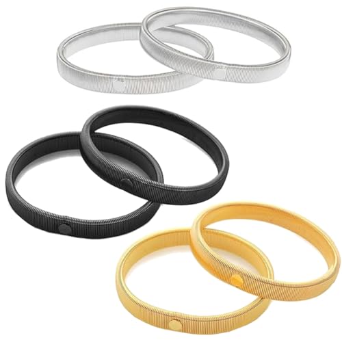 Aiyonoyia 6 Pack Sleeve Garters Stretchy Metal Sleeve Holders Anti-Slip Arm Bands Elastic Arm Straps for Women and Men (Black-Silver-Gold Medium)