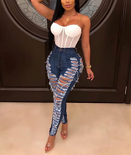 Sexyshine Women's High Waisted Skinny Ripped Jeans Stretch Destroyed Hole Denim Pants Hollow Out Long Pencil Jeans3