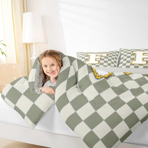 Image of Erosebridal Sage Green Checkered Kids Comforter Sets Plaid Initial F King Bedding Set for Adults Personalized Monogram Comforter Set,Fashion Grids Gingham Quilt Duvet 3 Pcs