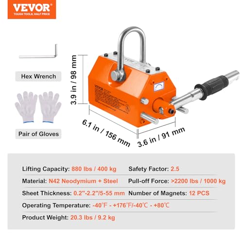 VEVOR Magnetic Lifter, 880 lbs / 400 kg Pull Capacity, 2.5 Safety Factor, Neodymium & Steel, Lifting Magnet with Release, Permanent Lifting Magnets, Heavy Duty Magnet for Lifting, Shop Crane, Block,
