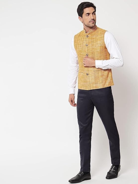 Image of Vastraa Fusion Mens Handloom Small Check Cotton Nehru Jacket - (Brown)