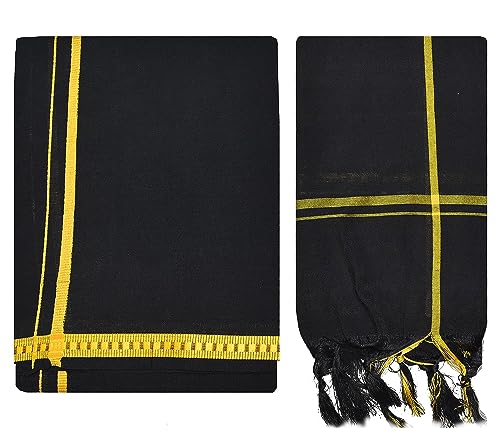 Kolakeer™ Men's Cotton Color Dhoti Set - 1.9 Mtrs Dhoti with 1.2 Mtrs Angavastram - Pentex Mundu Angavastram Set (Black)