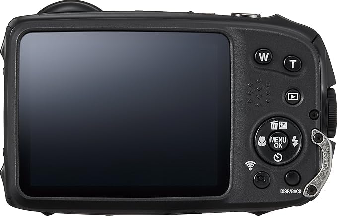 Takaisin view FUJIFILM FinePix XP90 -kamerasta, jossa näkyy LCD-näyttö ja ohjauspainikkeet