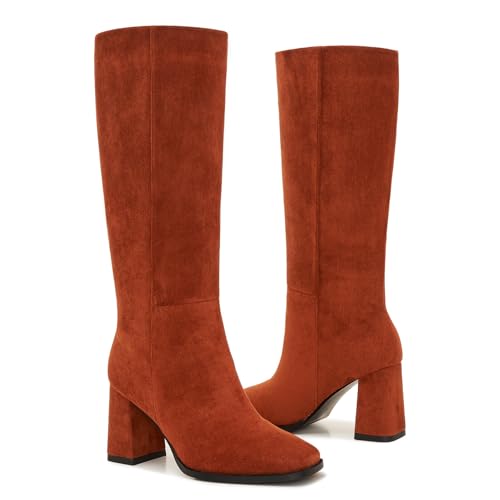 Image of Knee High Boots for Women - Wide Calf Boots with Zipper, Square Toe Tall Leather Boots, Chunky Heel Fashion Long Boots