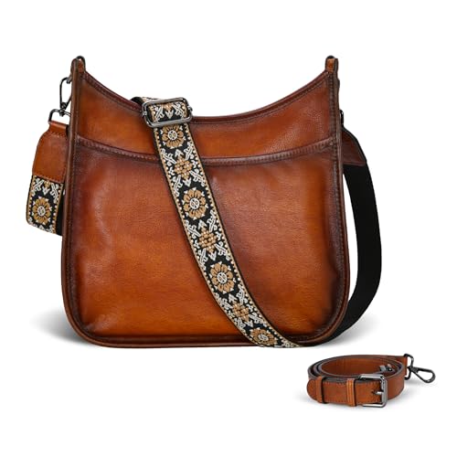 Iswee Crossbody Bags for Women Genuine Leather Purses Vintage Shoulder Handbags Travel Cross Body Bag with Boho Strap