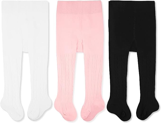 Image of CozyWay Cable Knit Cotton Leggings/Tights for Baby Girls, 3 Pack, White/Pink/Black, 3-6 Months Old