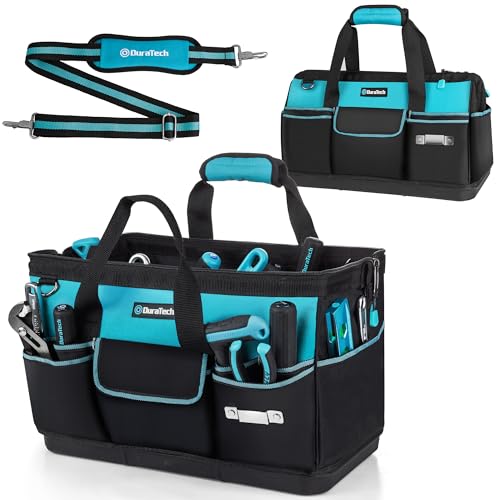 DURATECH 18-Inch Large Tool Bag with Waterproof Hard Bottom, Tool Bags for Men Heavy Duty with 19 Pockets, Wide Open Mouth Toolbag for Electricians Mechanic Plumber HVAC