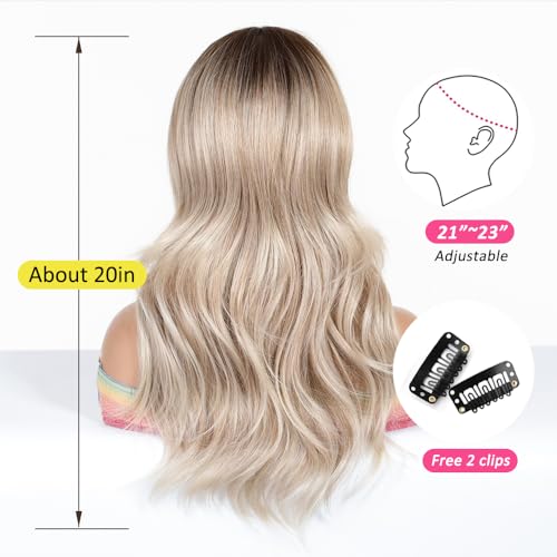 OUFEI Long Ombre Ash Blonde Wig With Curtain Bangs Natural Wavy Wigs for Women Natural Synthetic Hair Heat Resistant Wigs for Daily Party Cosplay Wear - Image 4