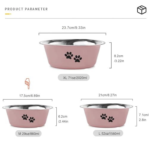 YUDANSI Hundenäpfe 2 Stück, Klein mittelgroße und große Hunde Futternapf, Fütterung Wassernapf mit Rutschfester Silikonsohle, Edelstahl erhöhter Fressnapf(Rosa, Ø 17 cm, 860ml)