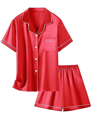 Image of Girls & Womens Satin Pajamas Set, Silk Button-Down Sleepwear 2 Piece Nightwear, 3 Years - Women XXL