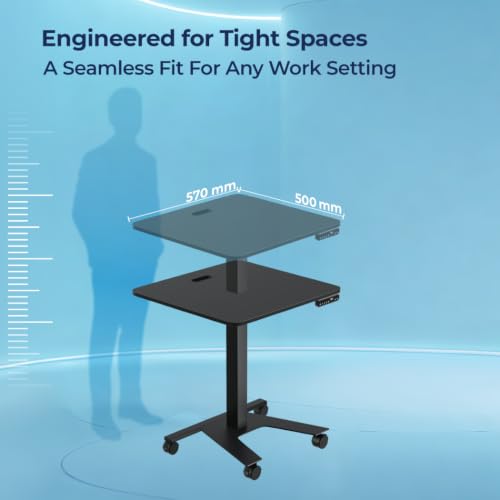 Image of The Sleep Company - AeroMini Electric Height Adjustable Desk | Ergonomic Work from Home Table | 4 Memory Presets | Lockable Wheels | 570 x 500 mm Thick Top | Free Installation | Black & Black