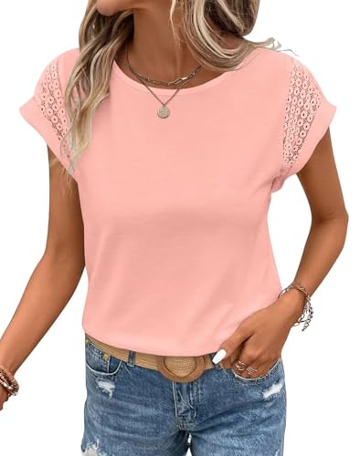 Image of Bliwov Womens Tops Lace Cap Sleeve T Shirts,Cute Trendy Casual,Beach Vacation Outfits,Summer Spring Fashion Clothes