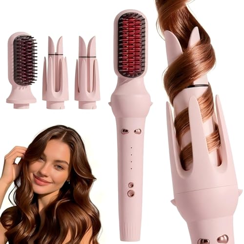 Rizador de pelo 3 en 1 automático con rulos de 32/36 mm y cepillo alisador de pelo, 4 niveles de temperatura, calentamiento rápido, 60 min de seguridad automático para todo tipo de cabello (rosa)