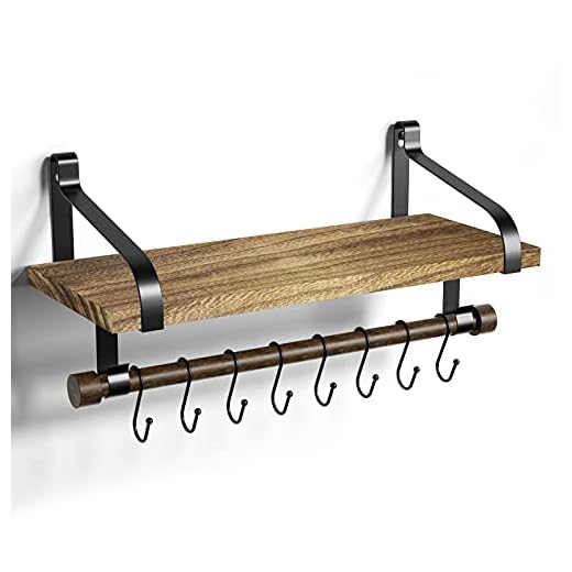 Love-KANKEI Floating Shelf Wall Shelf for Storage Rustic Wood Kitchen Spice Rack with Towel Bar and 8 Removable Hooks for Organize Cooking Utensils or Mugs Carbonized Black